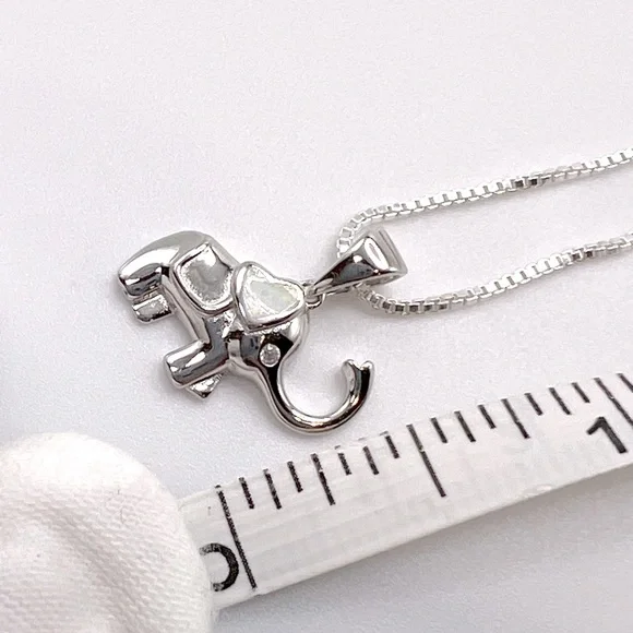 .925 Sterling Silver Elephant Necklace with Lab Opal Heart Ear